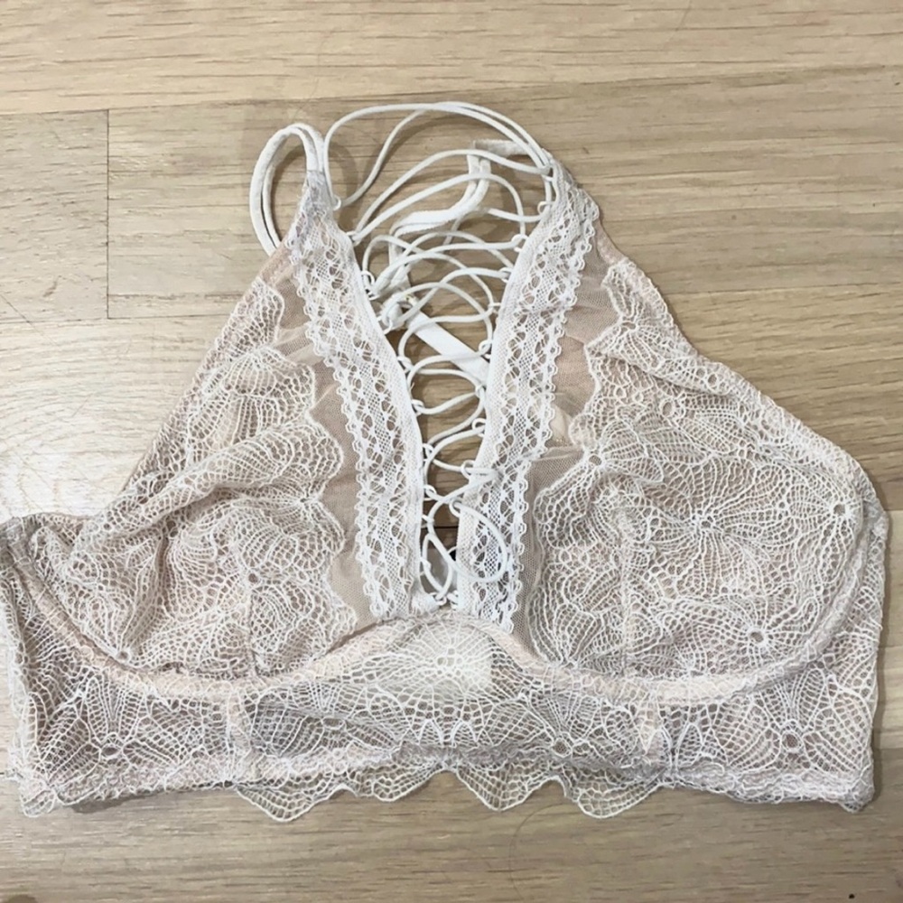 Victoria’s Secret nude mesh white floral lace lace up chest to neck bralette S